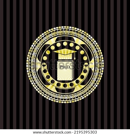 Phd thesis icon inside golden emblem. 