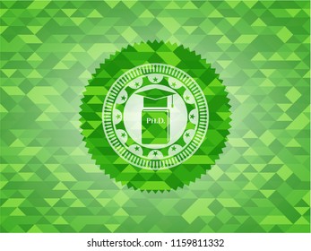 Phd thesis icon inside green emblem. Mosaic background