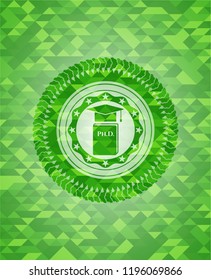 Phd thesis icon inside green emblem with triangle mosaic background