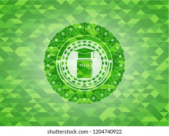 Phd thesis icon inside green emblem with triangle mosaic background