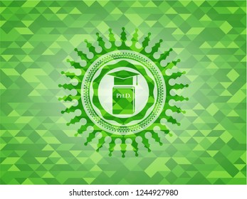 Phd thesis icon inside green emblem. Mosaic background