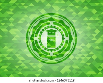 Phd thesis icon inside green emblem. Mosaic background