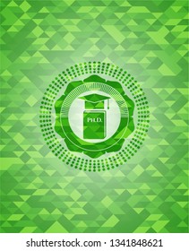 Phd thesis icon inside green emblem with mosaic ecological style background