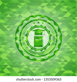 Phd thesis icon inside green emblem with mosaic ecological style background