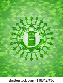 Phd thesis icon inside green emblem with triangle mosaic background