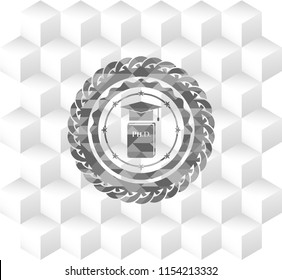 Phd thesis icon inside grey emblem with cube white background
