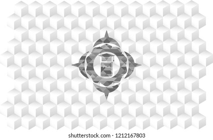 Phd thesis icon inside grey emblem with geometric cube white background