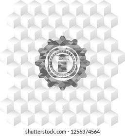 Phd thesis icon inside grey emblem with geometric cube white background