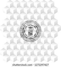 Phd thesis icon inside grey badge with geometric cube white background
