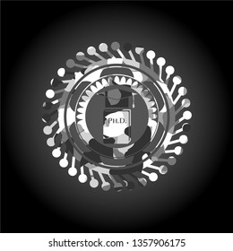 Phd thesis icon inside grey camouflage emblem