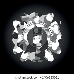 Phd thesis icon inside grey camouflage texture