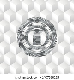 Phd thesis icon inside grey badge with geometric cube white background