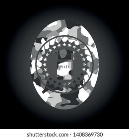 Phd thesis icon inside grey camouflage texture