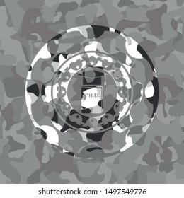 Phd thesis icon inside grey camouflaged emblem