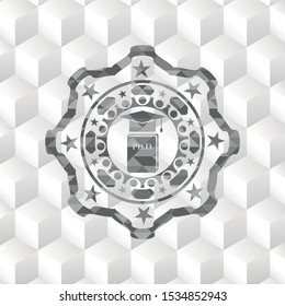 Phd thesis icon inside grey emblem. Retro with geometric cube white background