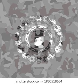 Phd thesis icon inside grey camo texture. 