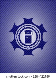 Phd thesis icon inside jean or denim emblem or badge background