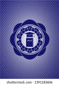 Phd thesis icon inside jean or denim emblem or badge background