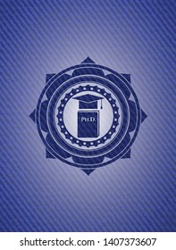 Phd thesis icon inside jean or denim emblem or badge background