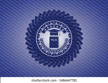 Phd thesis icon inside jean or denim emblem or badge background