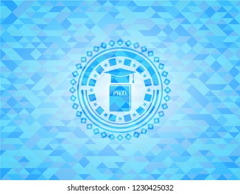 Phd thesis icon inside light blue emblem with triangle mosaic background