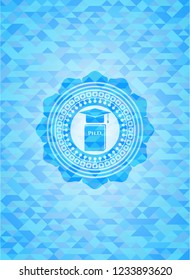Phd thesis icon inside light blue emblem with mosaic background