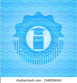 Phd thesis icon inside light blue water wave emblem.