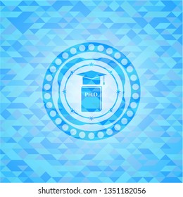Phd thesis icon inside light blue emblem with mosaic ecological style background