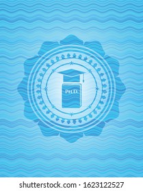Phd thesis icon inside light blue water badge background.