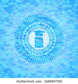 Icono de tesis Phd dentro del emblema azul claro. Fondo de mosaico