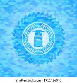 Phd thesis icon inside light blue emblem with triangle mosaic background. 