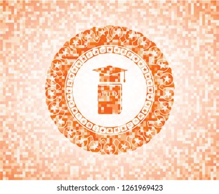 Phd thesis icon inside orange tile background illustration. Square geometric mosaic seamless pattern with emblem inside.