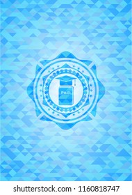 Phd thesis icon inside realistic light blue emblem. Mosaic background