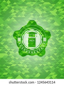 Phd thesis icon inside realistic green emblem. Mosaic background