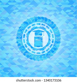 Phd thesis icon inside realistic sky blue emblem. Mosaic background