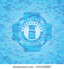 Phd thesis icon inside realistic sky blue emblem. Mosaic background