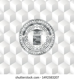 Phd thesis icon inside realistic grey emblem with geometric cube white background