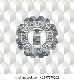 Phd thesis icon inside realistic grey emblem with geometric cube white background