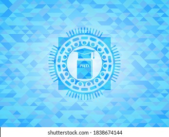Phd thesis icon inside realistic sky blue emblem. Mosaic background. 