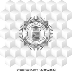 Phd thesis icon inside realistic grey emblem with cube white background. 