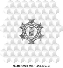 Phd thesis icon inside realistic grey emblem with geometric cube white background. 