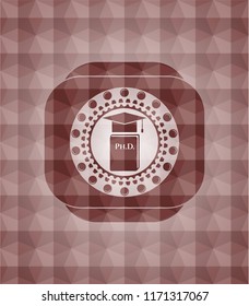 Phd thesis icon inside red seamless geometric badge.