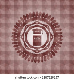 Phd thesis icon inside red badge with geometric pattern. Seamless.