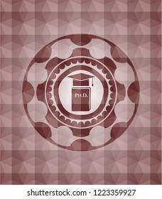 Phd thesis icon inside red emblem with geometric pattern background. Seamless.