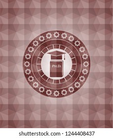 Phd thesis icon inside red polygonal badge. Seamless.