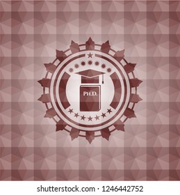 Phd thesis icon inside red seamless polygonal badge.