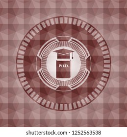 Phd thesis icon inside red seamless badge with geometric pattern.