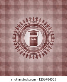 Phd thesis icon inside red seamless emblem or badge with abstract geometric polygonal pattern background.