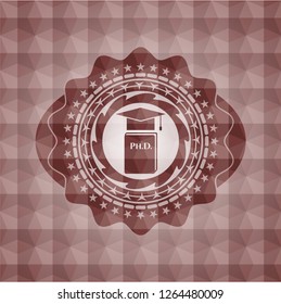 Phd thesis icon inside red seamless badge with geometric background.