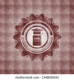 Phd thesis icon inside red seamless badge with geometric pattern background.